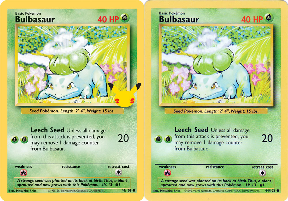 Comparison between the 'First Partner Pack' version of Base Bulbasaur and its original Base Set counterpark.