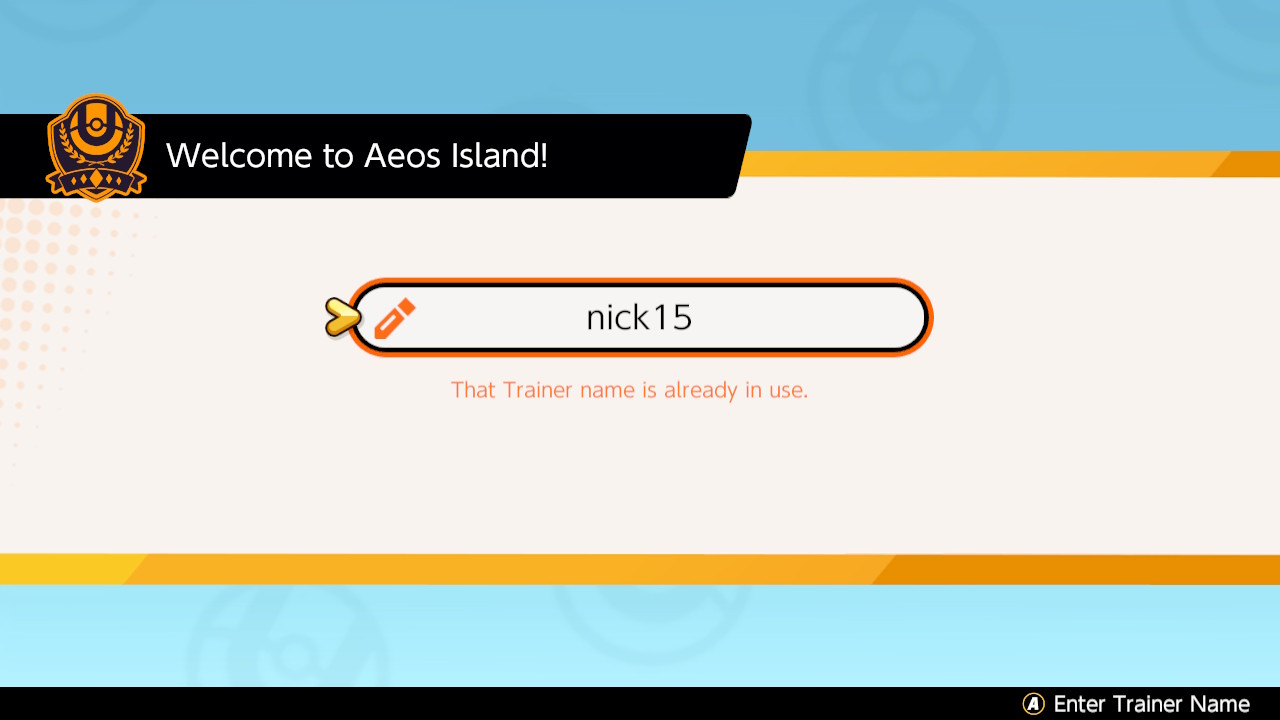Pokémon UNITE nickname settings showing that the username 'Nick15' is no longer available.