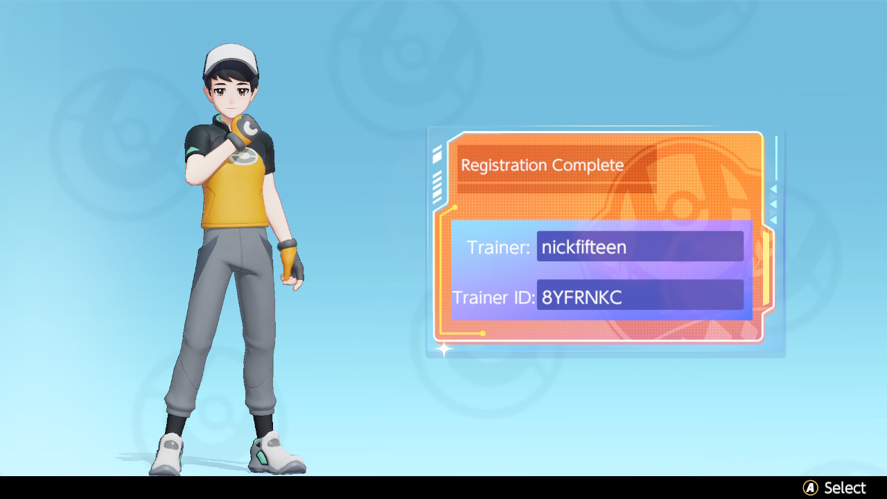 Pokémon UNIE player page showing the Trainer name 'Nickfifteen' and Trainer ID code '8YFRNKC'.