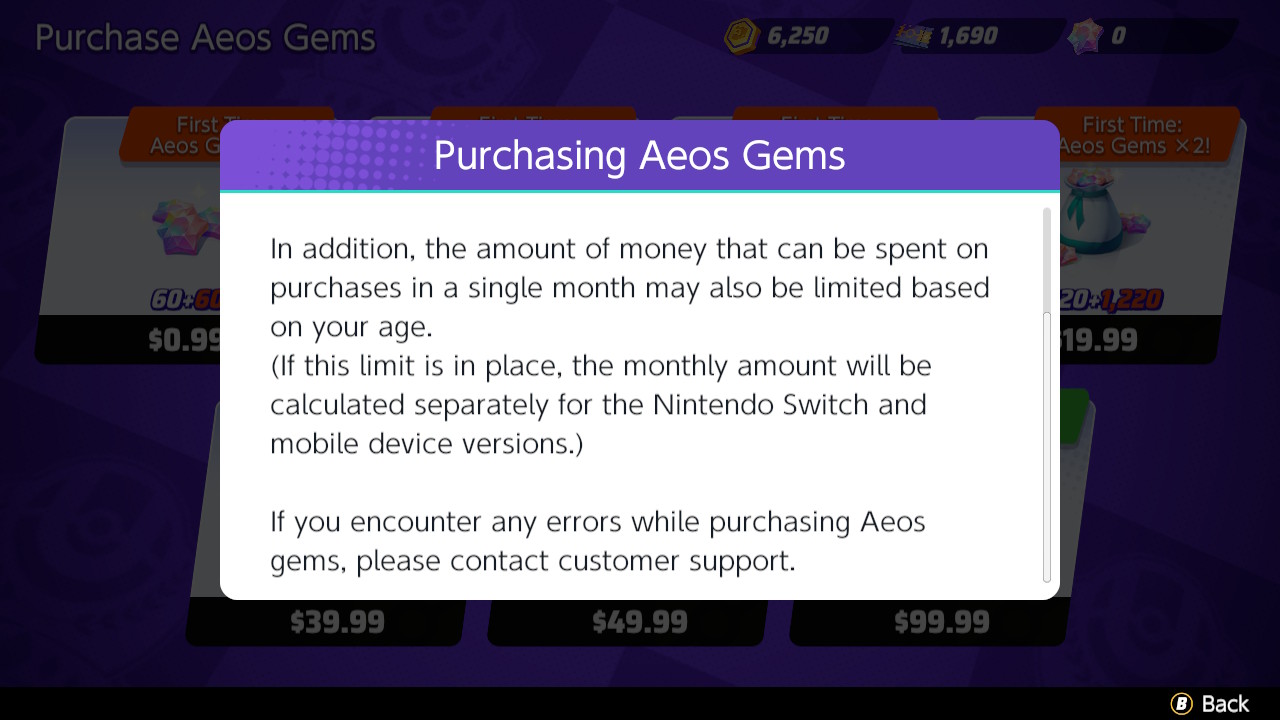 Aeos Gem purchasing limit notice