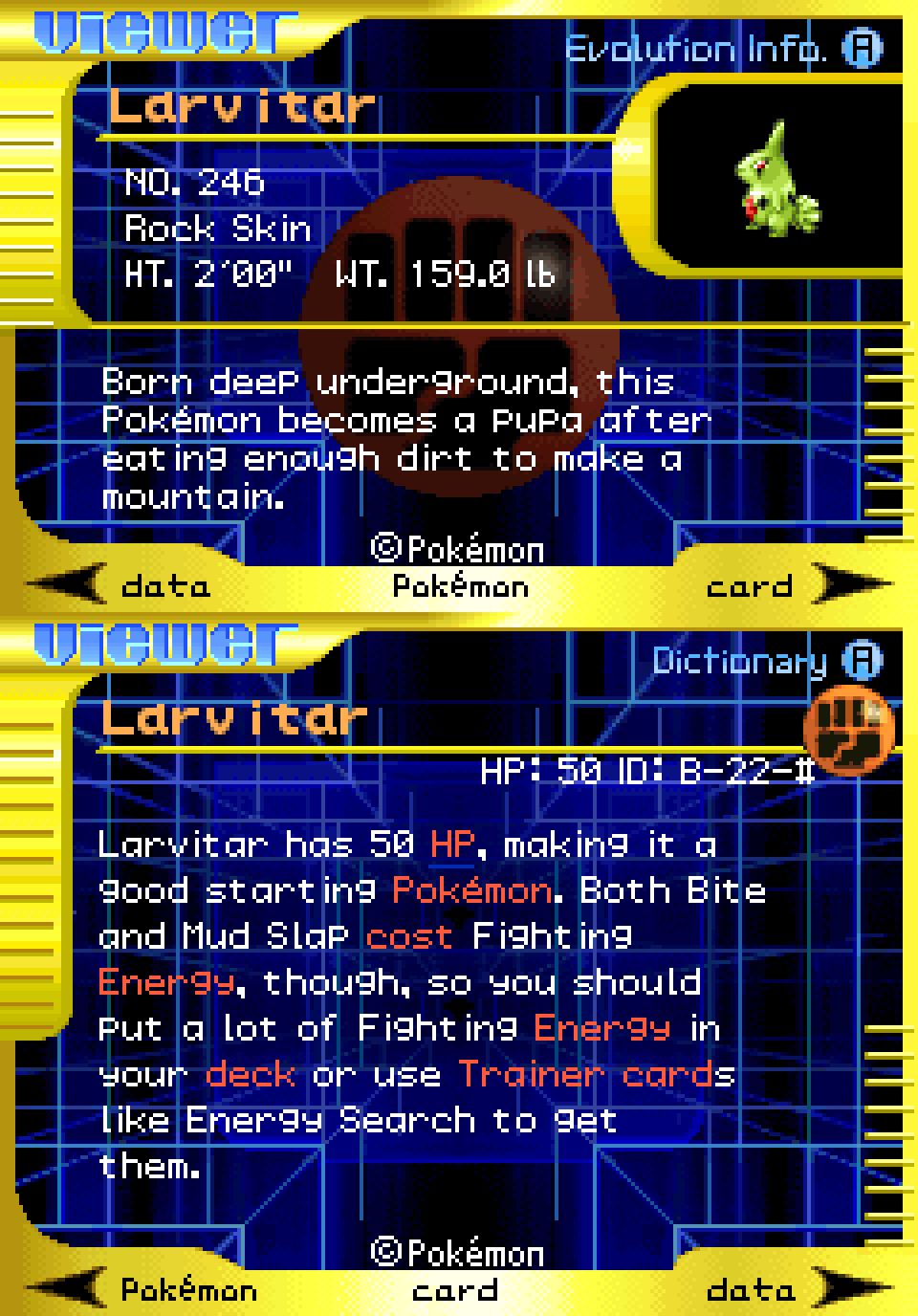 Larvitar Pokédex entry from a Gen 2 card