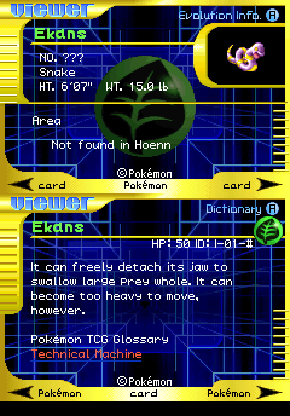 Ekans Pokédex entry from a Gen 3 card