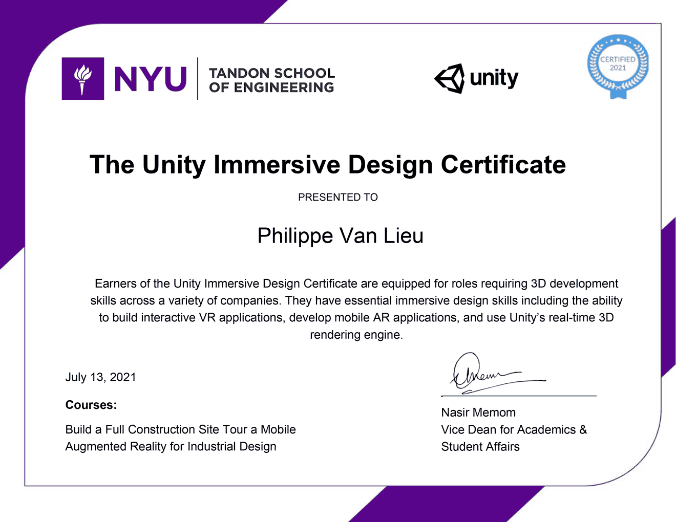 NYU Tandom School of Engineering - The Unity Immersive Design Certificate - presented to Philippe Van Lieu