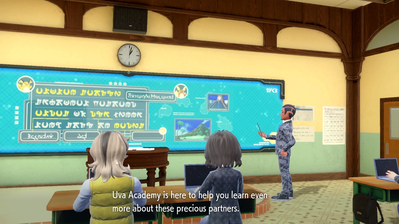 Classroom scene where some Alolan text is seen alongside Galarian/Paldean text, and some icons of Regular and Alolan Raichu are seen near them.